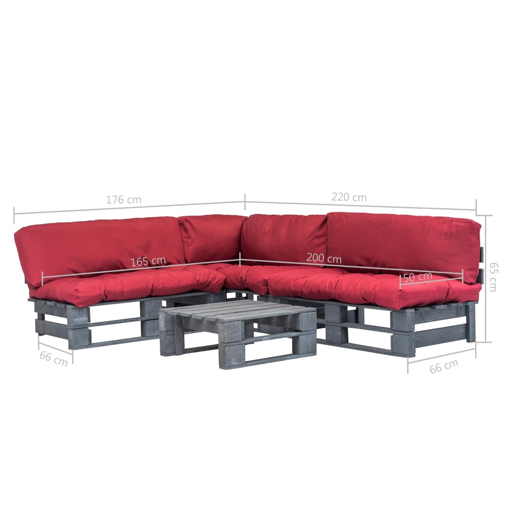 Conj. lounge de paletes 4 pcs com almofadões vermelhos madeira