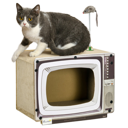 PawHut Arranhador de Cartão para Gatos Casa para Gatos em Forma de Televisor com Rato de Brinquedo Centro de Atividades para Animais de Estimação 43x23x23,5 cm Areia