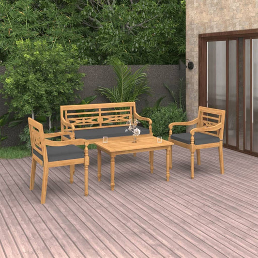 4 pcs conj. lounge jardim c/ almofadões madeira de teca maciça