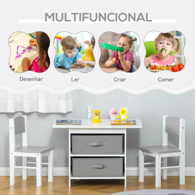 Conjunto Infantil Tomy - Mesa com Arrumação e 2 Cadeiras - Design Nórdico