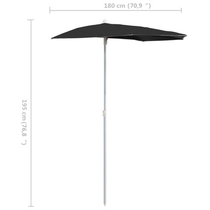 Guarda-sol semicircular com mastro 180x90 cm preto