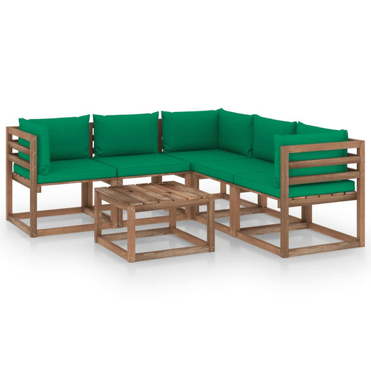 6pcs conj. lounge + almofadões verdes pinho impregnado