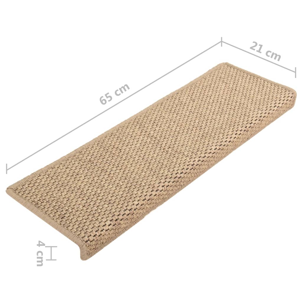 Tapetes escada adesivos aspeto sisal 15pcs 65x21x4cm cor areia