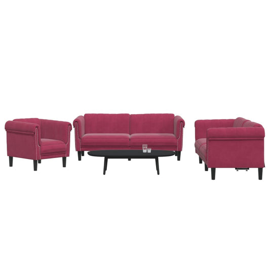3 pcs conjunto de sofás veludo vermelho-tinto