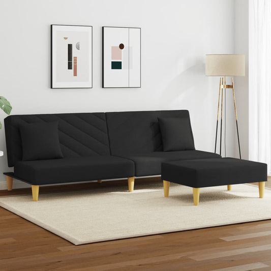 Sofá-cama 2 lugares c/ almofadas e apoio de pés tecido preto