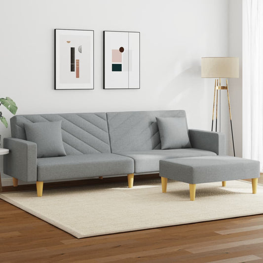 Sofá-cama 2 lugares c/ almofadas e apoio pés tecido cinza-claro
