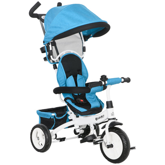 HOMCOM Triciclo para Bebés 2 em 1 Triciclo Evolutivo para Crianças de +12 Meses com Toldo Dobrável Guiador Telescópico e Removível Cinto de Segurança e Cesto 95x50x106 cm Azul