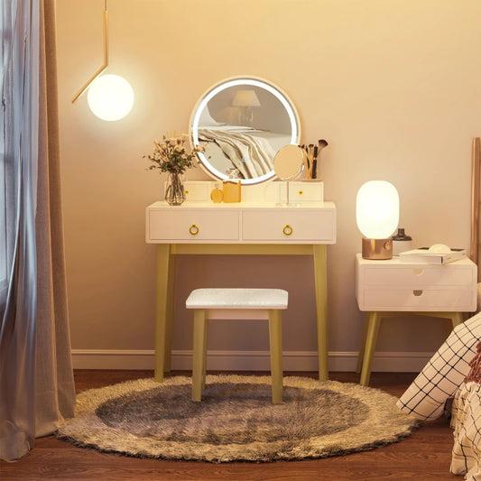 Toucador Belle com Banquinho e Luzes LED Reguláveis - Branco e Dourado - Design Moderno