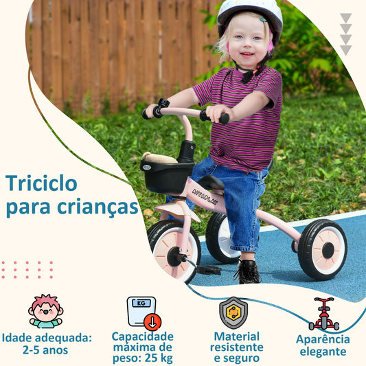 AIYAPLAY Triciclo para Crianças de 2 a 5 anos Triciclo Infantil com Assento Ajustável Cesta Buzina e Pedais e 3 Rodas Carga Máxima 25 kg 70,5x50x58 cm Rosa