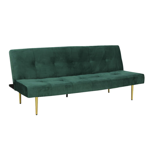 Sofá Cama Nilme - Cor Verde e Pernas em Dourado - Em Veludo e Estrutura em Madeira - 72x77x165 cm - Design Vintage