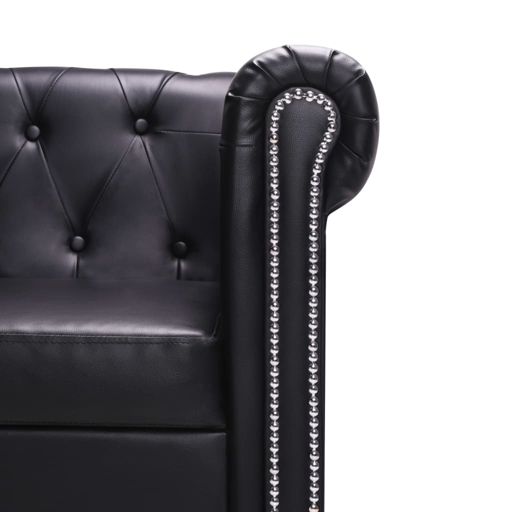Sofá Chesterfield Chaise Longue - Cor Preto - Couro Artificial - Estrutura em Madeira, Assentos Densamente Acolchoados - 200x140x73 cm - Design Vintage